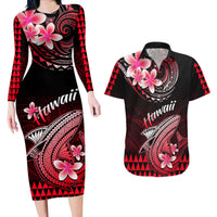 Hawaii Couples Matching Long Sleeve Bodycon Dress and Hawaiian Shirt Polynesian Shark with Kakau Red Version LT01 Red - Polynesian Pride