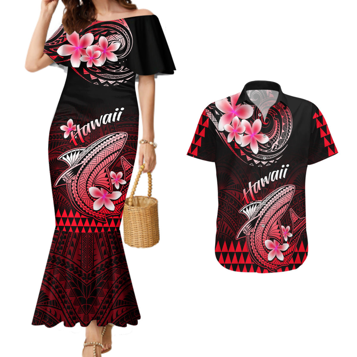 Hawaii Couples Matching Mermaid Dress and Hawaiian Shirt Polynesian Shark with Kakau Red Version LT01 Red - Polynesian Pride