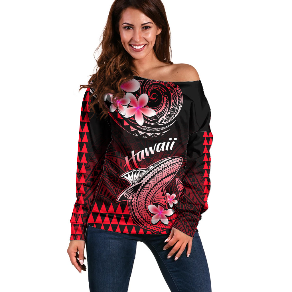 Hawaii Off Shoulder Sweater Polynesian Shark with Kakau Red Version LT01 Women Red - Polynesian Pride