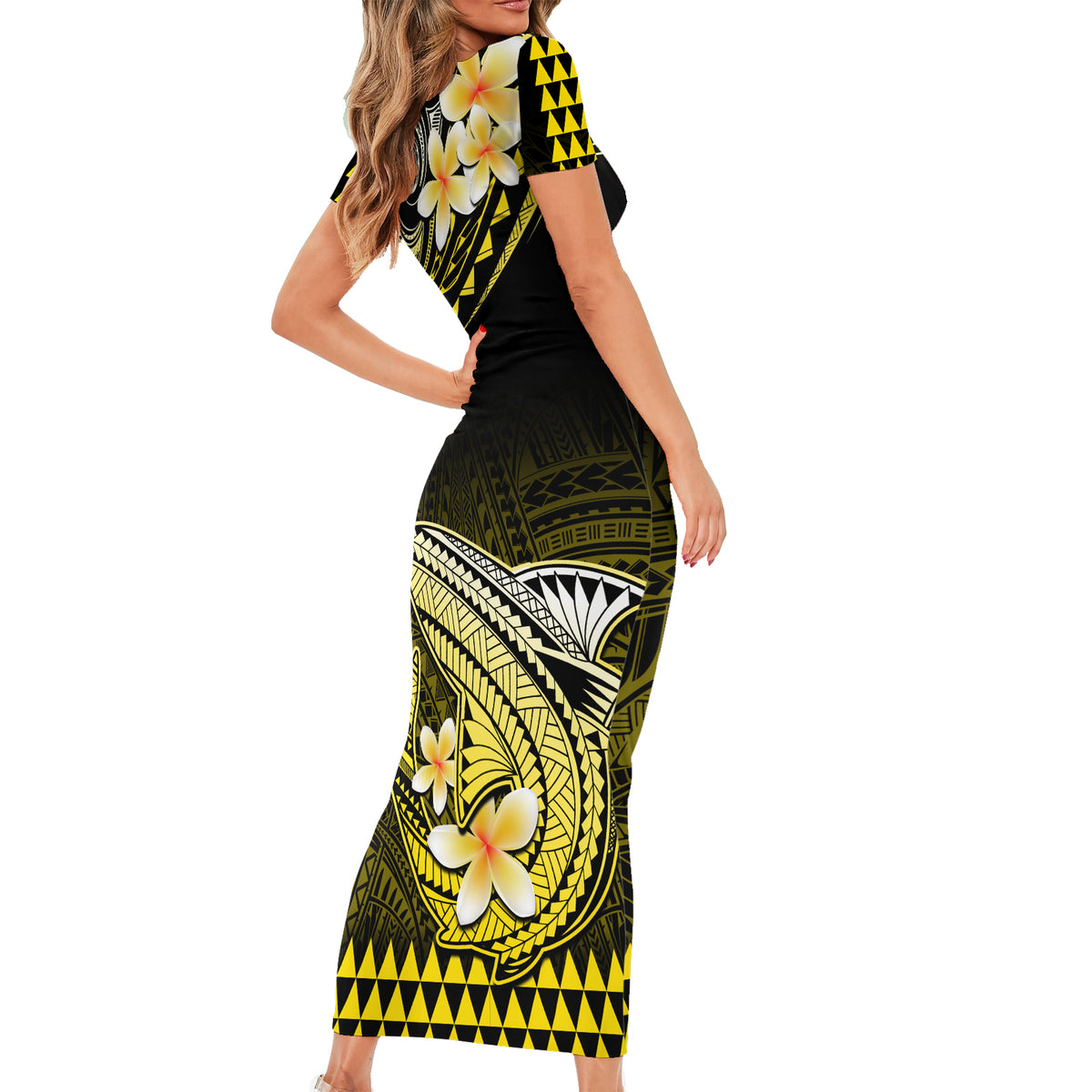 Hawaii Short Sleeve Bodycon Dress Polynesian Shark with Kakau Yellow Version LT01 - Polynesian Pride