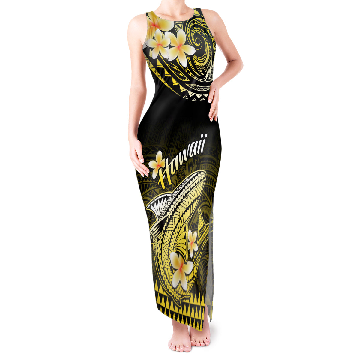 Hawaii Tank Maxi Dress Polynesian Shark with Kakau Yellow Version LT01 Women Yellow - Polynesian Pride