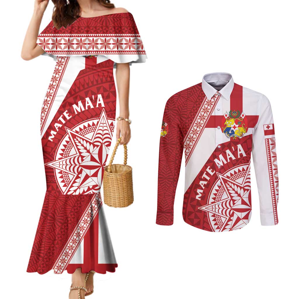 Custom Tonga Rugby Mate Maa Couples Matching Mermaid Dress and Long Sleeve Button Shirt Ngatu Pattern