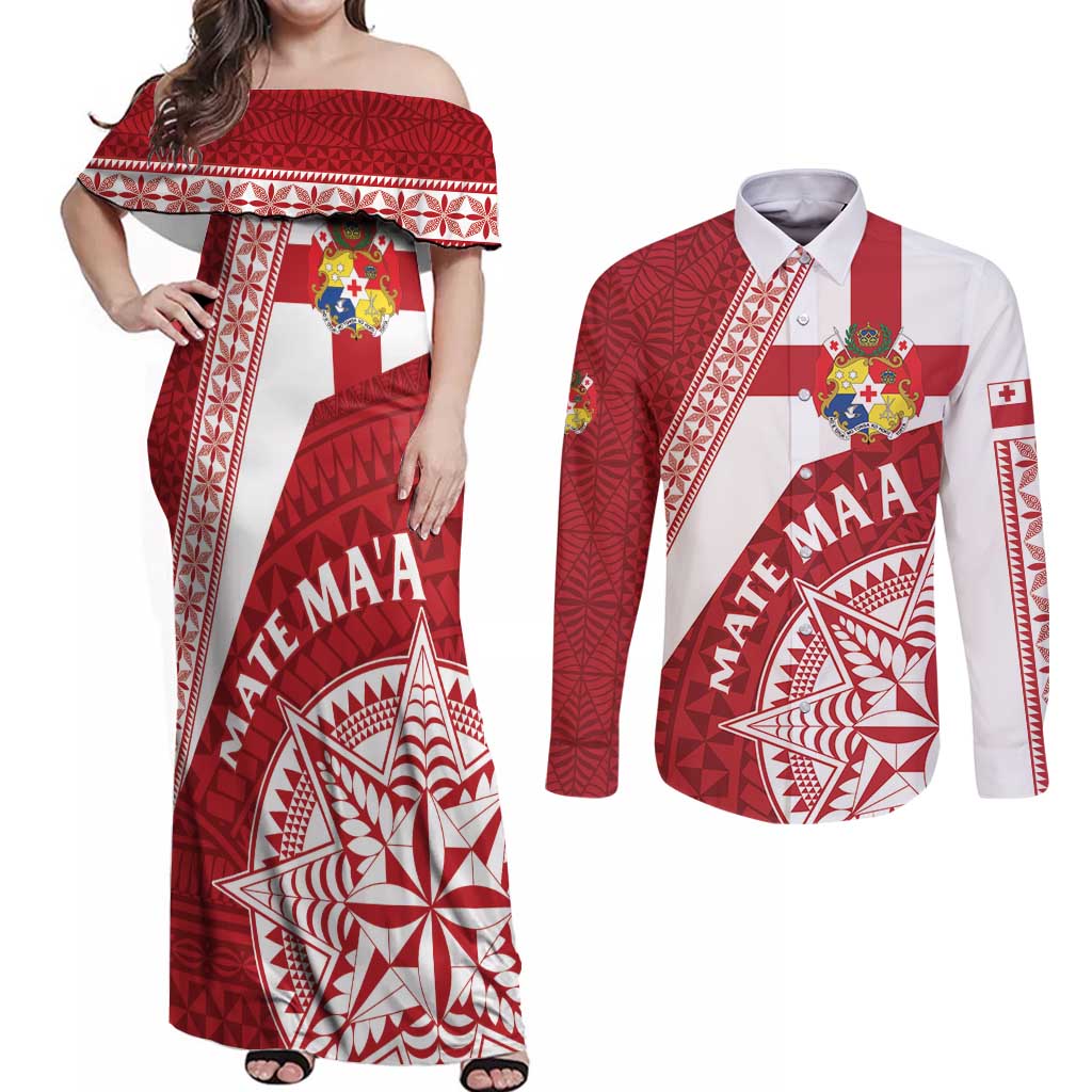 Custom Tonga Rugby Mate Maa Couples Matching Off Shoulder Maxi Dress and Long Sleeve Button Shirt Ngatu Pattern