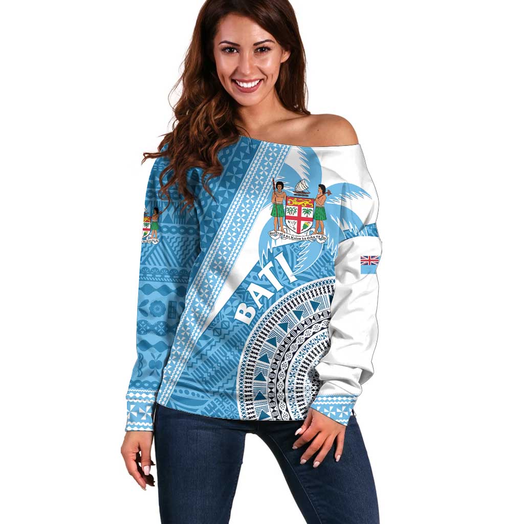 Custom Fiji Rugby Bati Off Shoulder Sweater Tapa Pattern