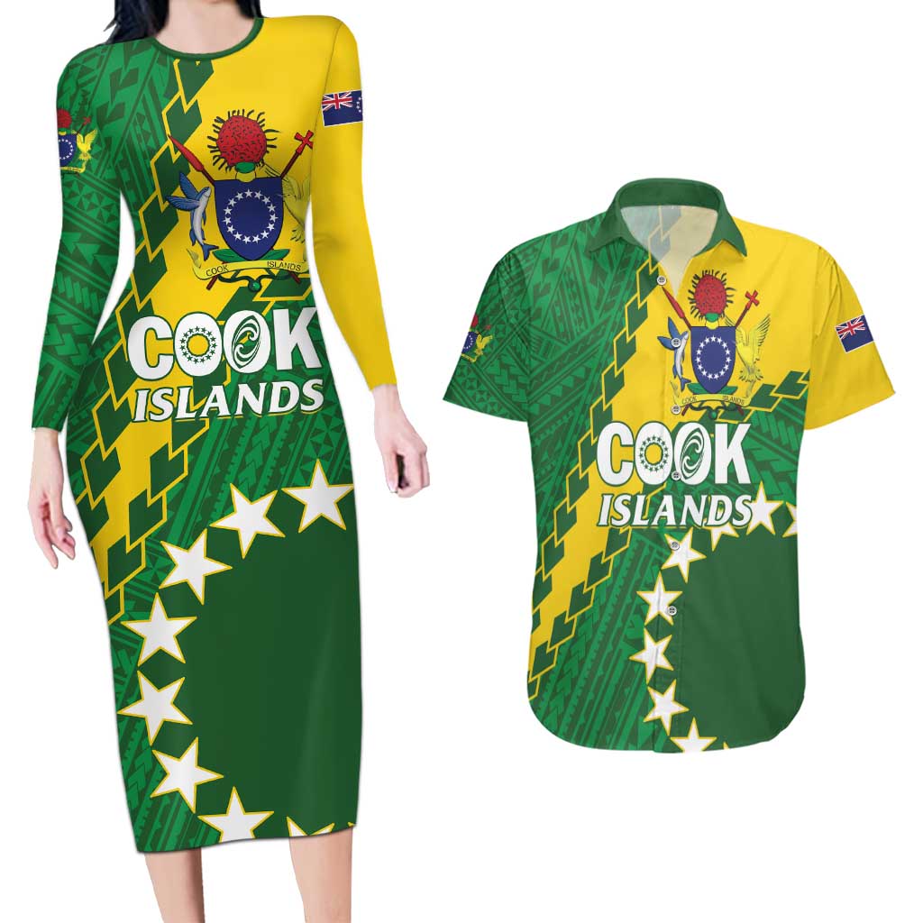 Custom Cook Islands Rugby Kukis Couples Matching Long Sleeve Bodycon Dress and Hawaiian Shirt Circle Stars