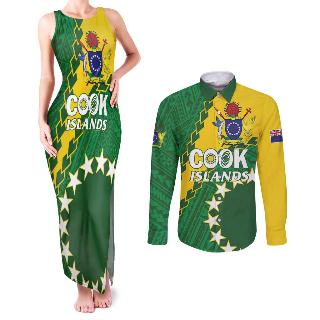 Custom Cook Islands Rugby Kukis Couples Matching Tank Maxi Dress and Long Sleeve Button Shirt Circle Stars