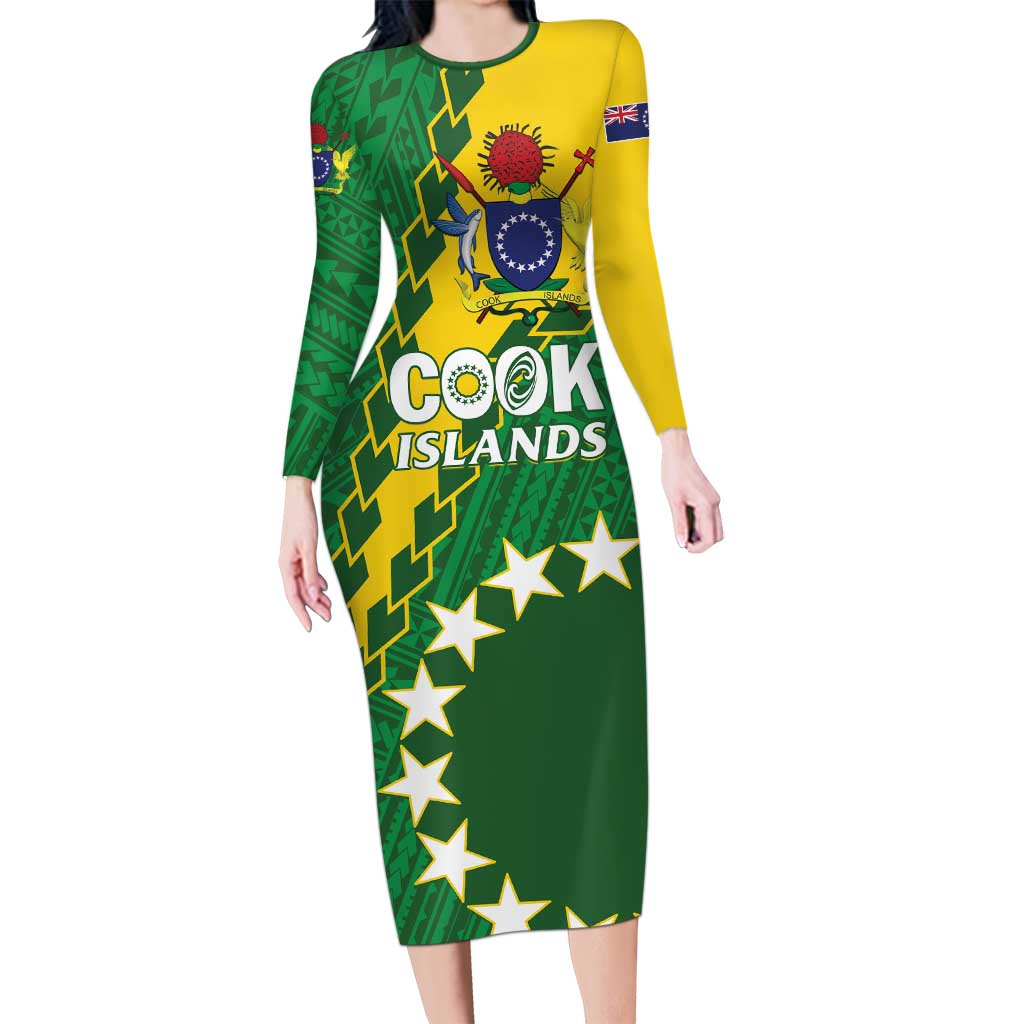 Custom Cook Islands Rugby Kukis Family Matching Long Sleeve Bodycon Dress and Hawaiian Shirt Circle Stars LT01 Mom's Dress Green - Polynesian Pride