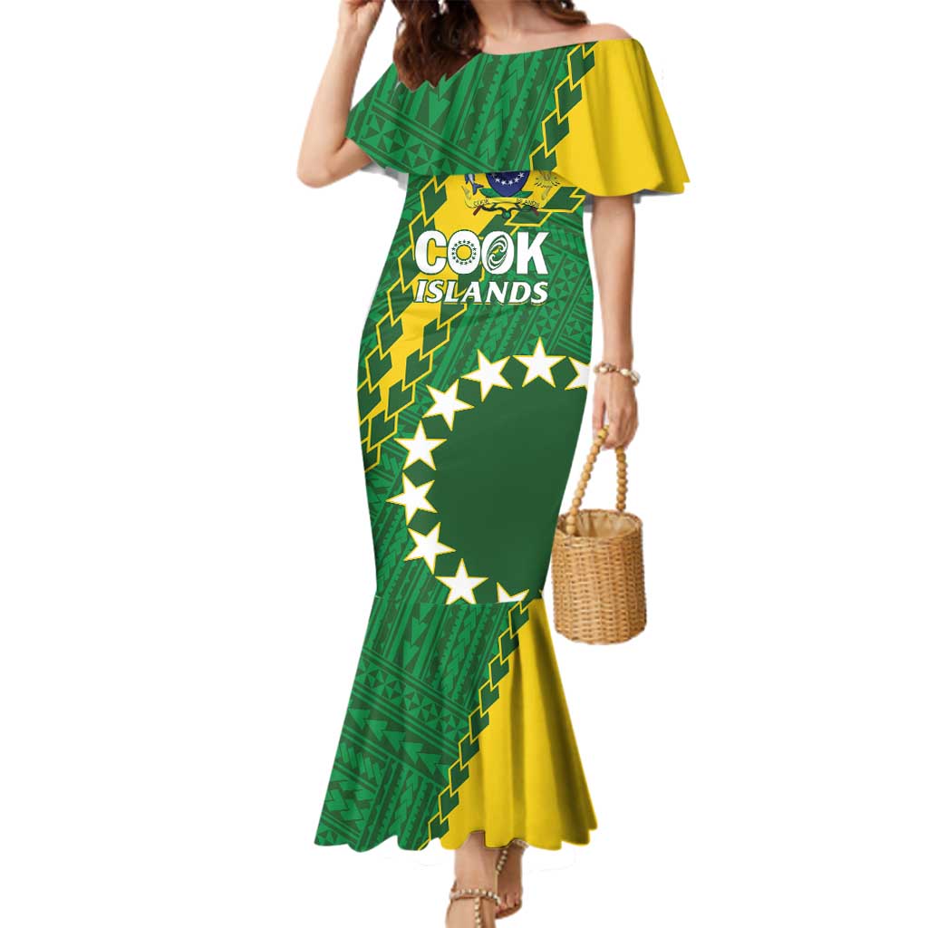 Custom Cook Islands Rugby Kukis Family Matching Mermaid Dress and Hawaiian Shirt Circle Stars LT01 Mom's Dress Green - Polynesian Pride