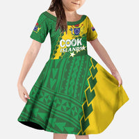 Custom Cook Islands Rugby Kukis Family Matching Off The Shoulder Long Sleeve Dress and Hawaiian Shirt Circle Stars LT01 Daughter's Dress Green - Polynesian Pride