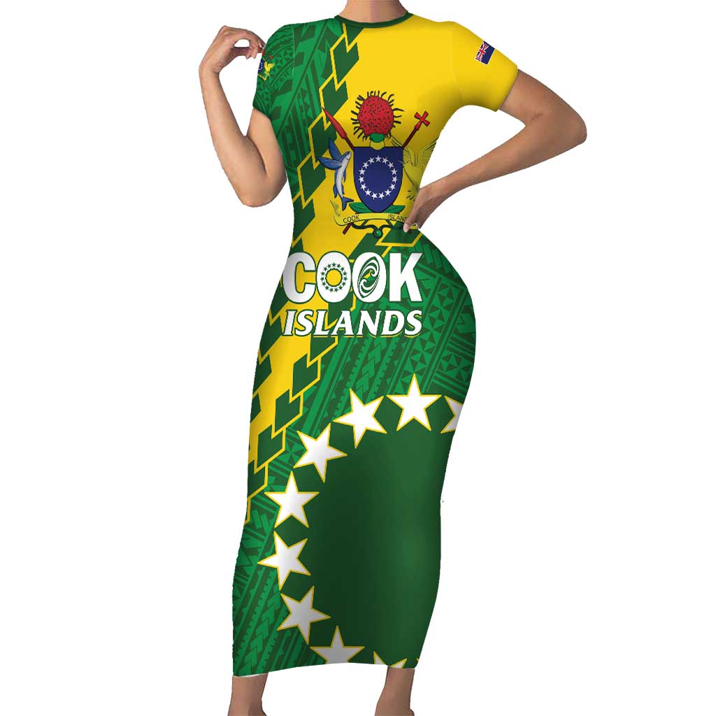 Custom Cook Islands Rugby Kukis Family Matching Short Sleeve Bodycon Dress and Hawaiian Shirt Circle Stars LT01 Mom's Dress Green - Polynesian Pride