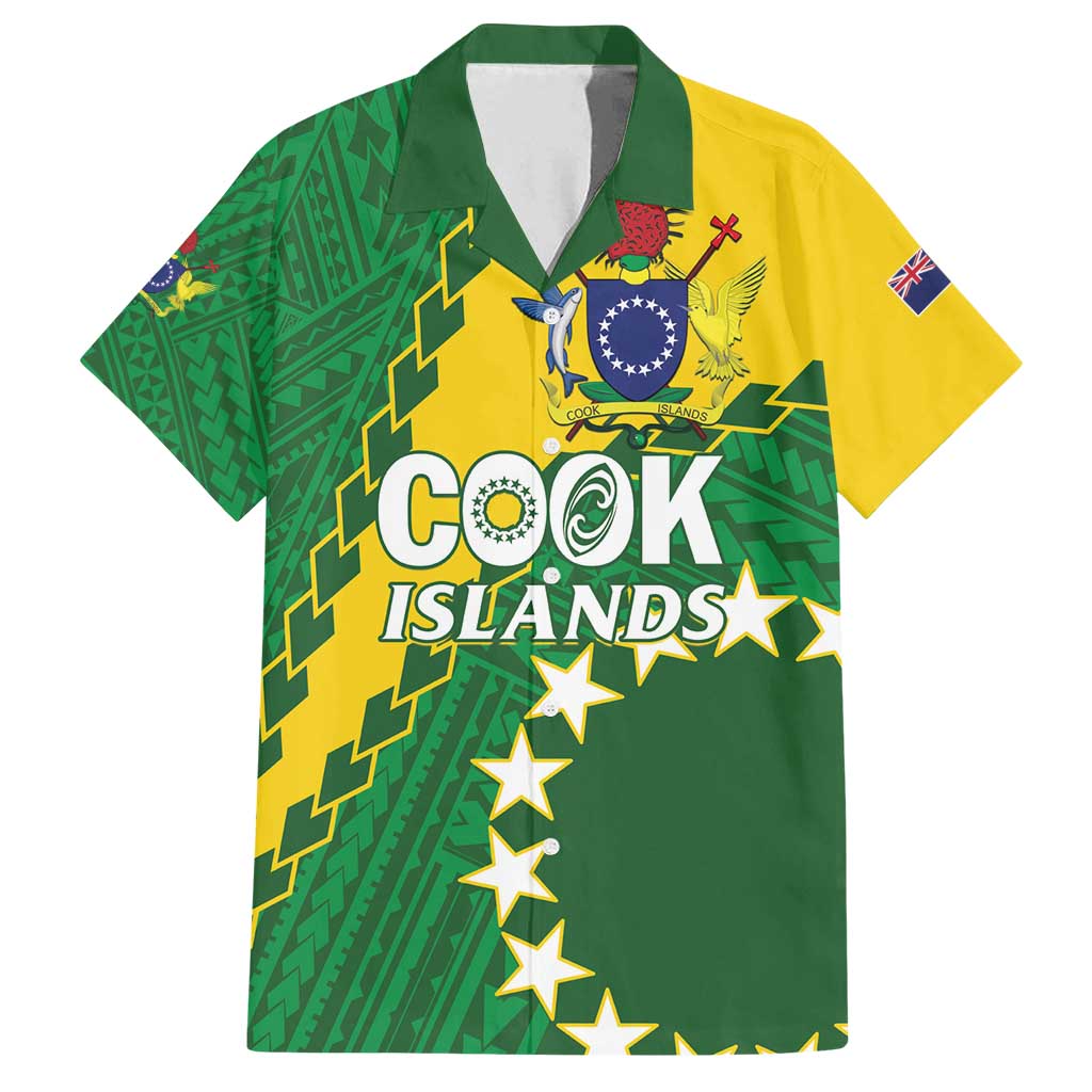 Custom Cook Islands Rugby Kukis Family Matching Summer Maxi Dress and Hawaiian Shirt Circle Stars LT01 Dad's Shirt - Short Sleeve Green - Polynesian Pride