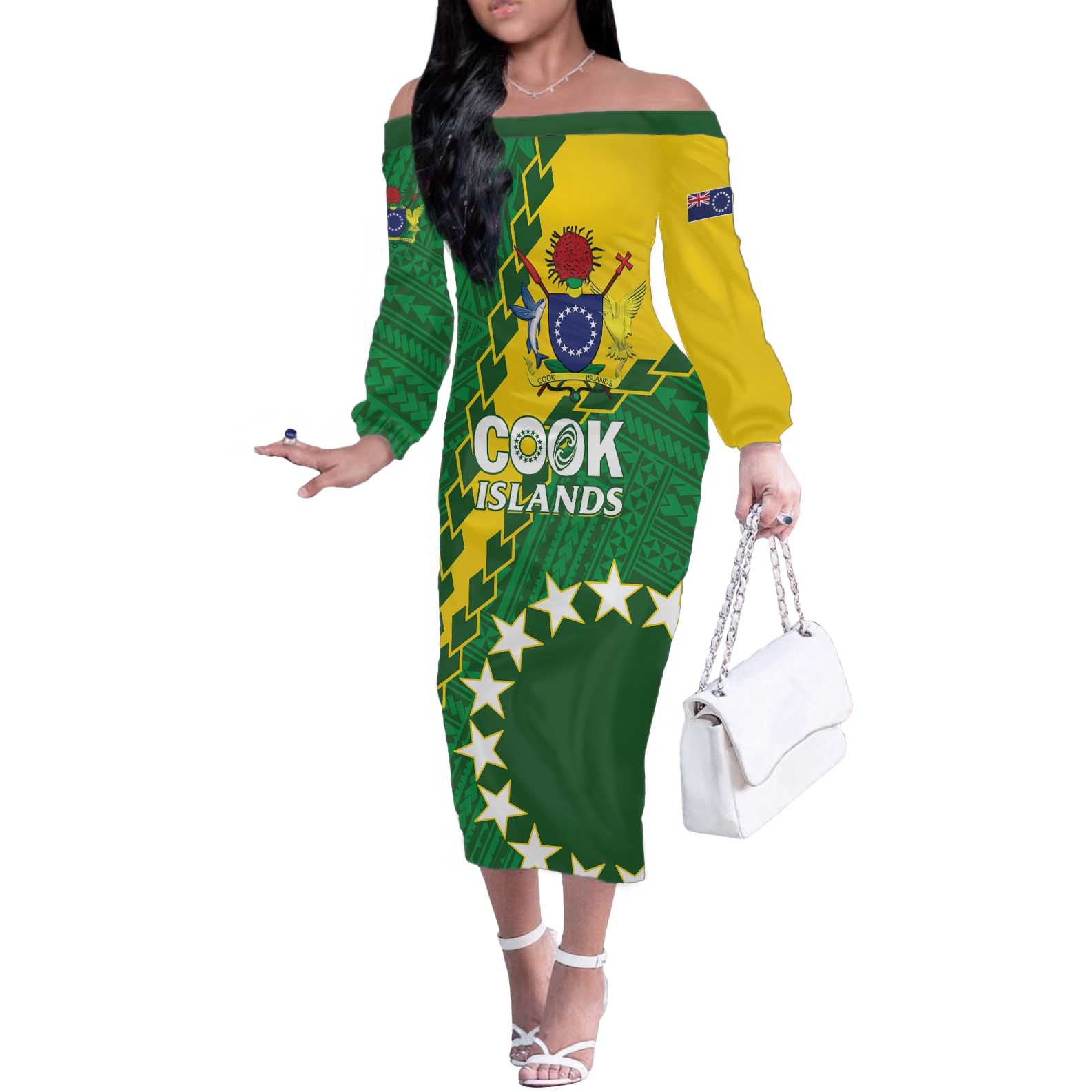 Custom Cook Islands Rugby Kukis Off The Shoulder Long Sleeve Dress Circle Stars