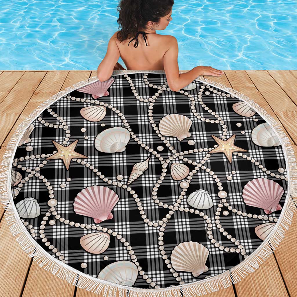 Hawaiian Ocean Seashells Beach Blanket Black Palaka Pattern