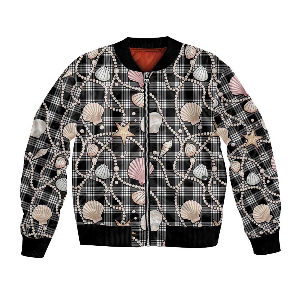 Hawaiian Ocean Seashells Bomber Jacket Black Palaka Pattern