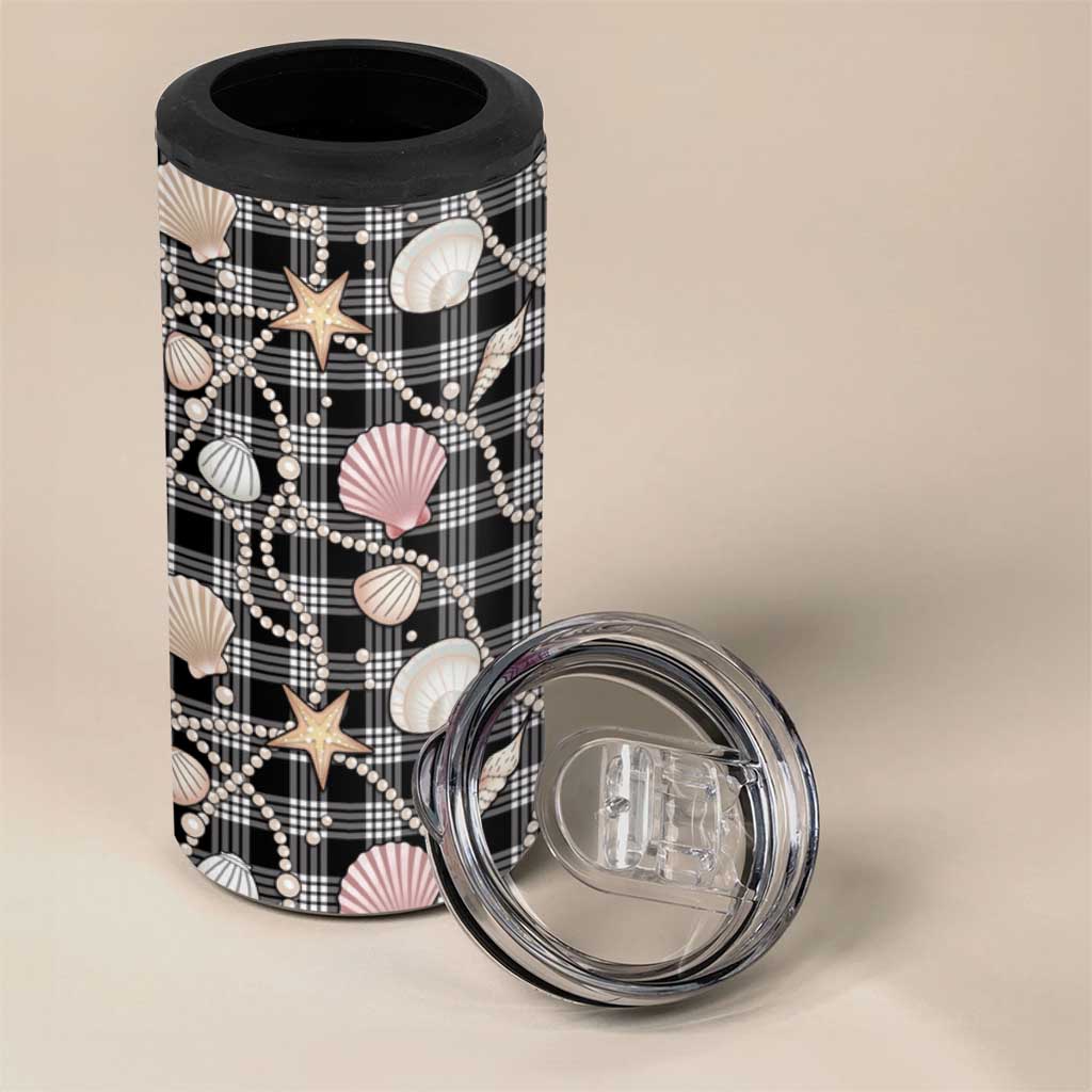 Hawaiian Ocean Seashells 4 in 1 Can Cooler Tumbler Black Palaka Pattern