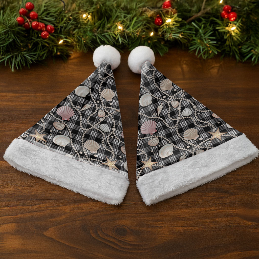 Hawaiian Ocean Seashells Christmas Santa Hat Black Palaka Pattern LT01 - Polynesian Pride