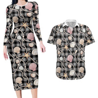 Hawaiian Ocean Seashells Couples Matching Long Sleeve Bodycon Dress and Hawaiian Shirt Black Palaka Pattern