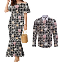 Hawaiian Ocean Seashells Couples Matching Mermaid Dress and Long Sleeve Button Shirt Black Palaka Pattern