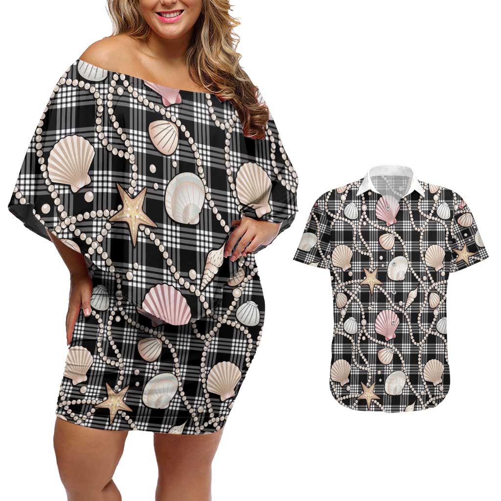 Hawaiian Ocean Seashells Couples Matching Off Shoulder Short Dress and Hawaiian Shirt Black Palaka Pattern