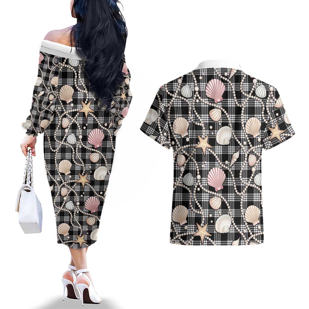 Hawaiian Ocean Seashells Couples Matching Off The Shoulder Long Sleeve Dress and Hawaiian Shirt Black Palaka Pattern
