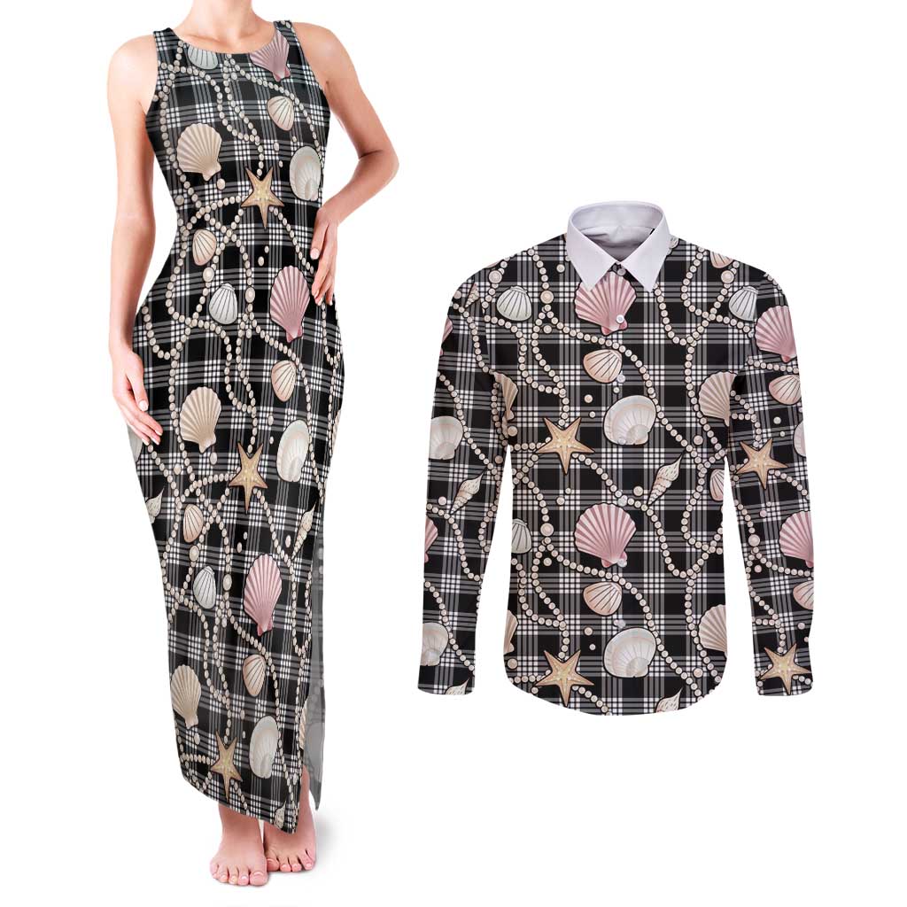 Hawaiian Ocean Seashells Couples Matching Tank Maxi Dress and Long Sleeve Button Shirt Black Palaka Pattern