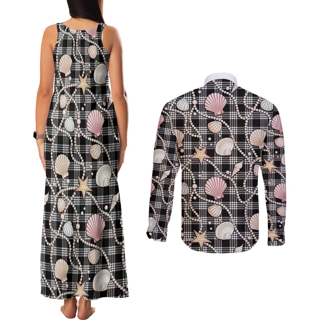 Hawaiian Ocean Seashells Couples Matching Tank Maxi Dress and Long Sleeve Button Shirt Black Palaka Pattern