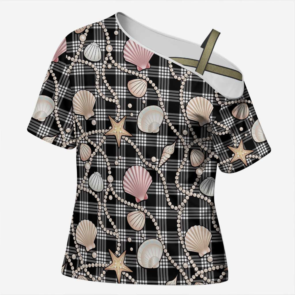 Hawaiian Ocean Seashells Cross Shoulder Shirt Black Palaka Pattern