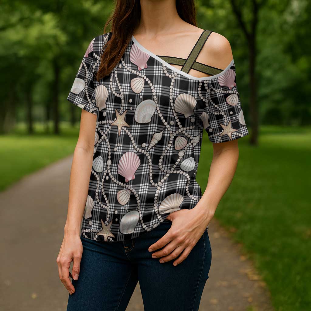 Hawaiian Ocean Seashells Cross Shoulder Shirt Black Palaka Pattern