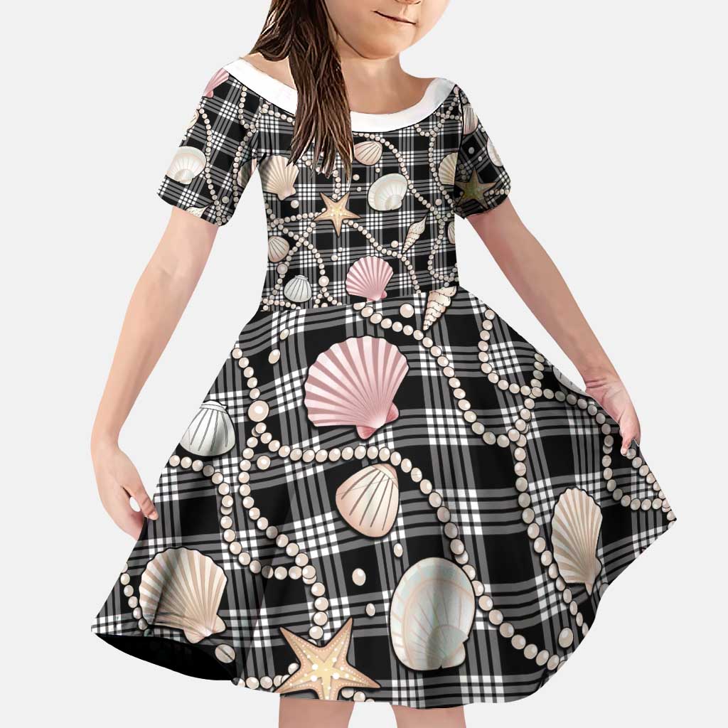 Hawaiian Ocean Seashells Family Matching Long Sleeve Bodycon Dress and Hawaiian Shirt Black Palaka Pattern