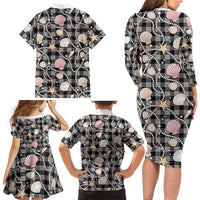 Hawaiian Ocean Seashells Family Matching Long Sleeve Bodycon Dress and Hawaiian Shirt Black Palaka Pattern