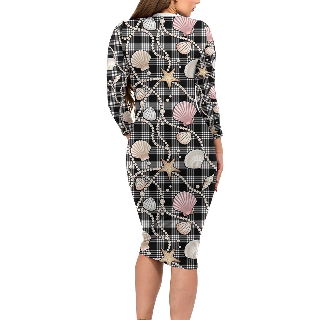 Hawaiian Ocean Seashells Family Matching Long Sleeve Bodycon Dress and Hawaiian Shirt Black Palaka Pattern