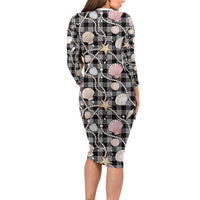 Hawaiian Ocean Seashells Family Matching Long Sleeve Bodycon Dress and Hawaiian Shirt Black Palaka Pattern