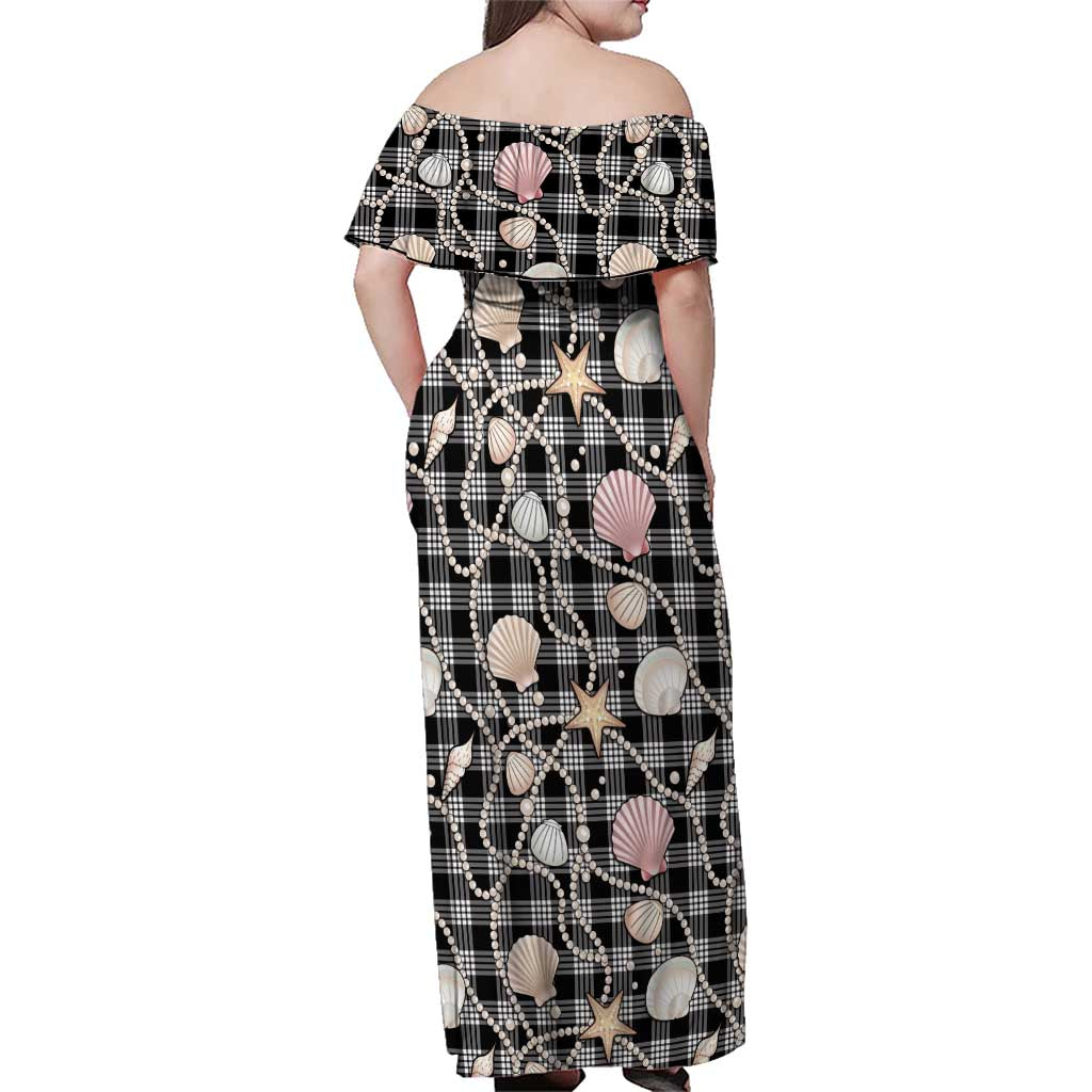 Hawaiian Ocean Seashells Family Matching Off Shoulder Maxi Dress and Hawaiian Shirt Black Palaka Pattern