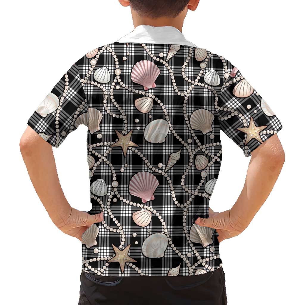 Hawaiian Ocean Seashells Family Matching Off Shoulder Short Dress and Hawaiian Shirt Black Palaka Pattern