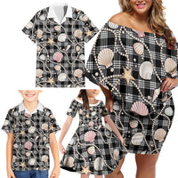 Hawaiian Ocean Seashells Family Matching Off Shoulder Short Dress and Hawaiian Shirt Black Palaka Pattern