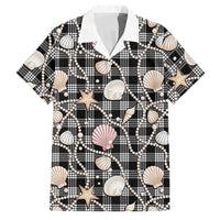 Hawaiian Ocean Seashells Family Matching Off Shoulder Short Dress and Hawaiian Shirt Black Palaka Pattern