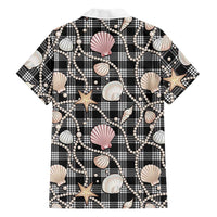Hawaiian Ocean Seashells Family Matching Off Shoulder Short Dress and Hawaiian Shirt Black Palaka Pattern