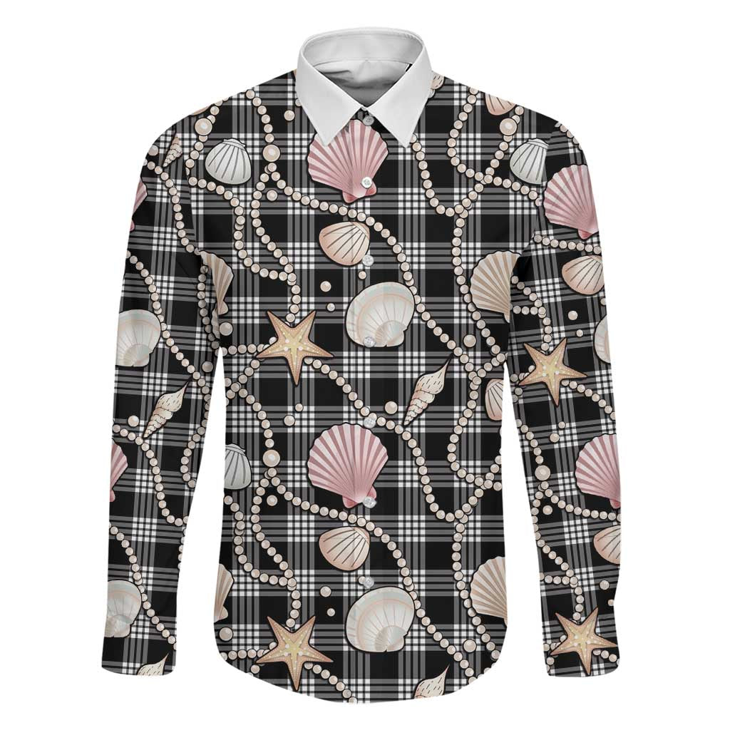 Hawaiian Ocean Seashells Family Matching Off Shoulder Short Dress and Hawaiian Shirt Black Palaka Pattern
