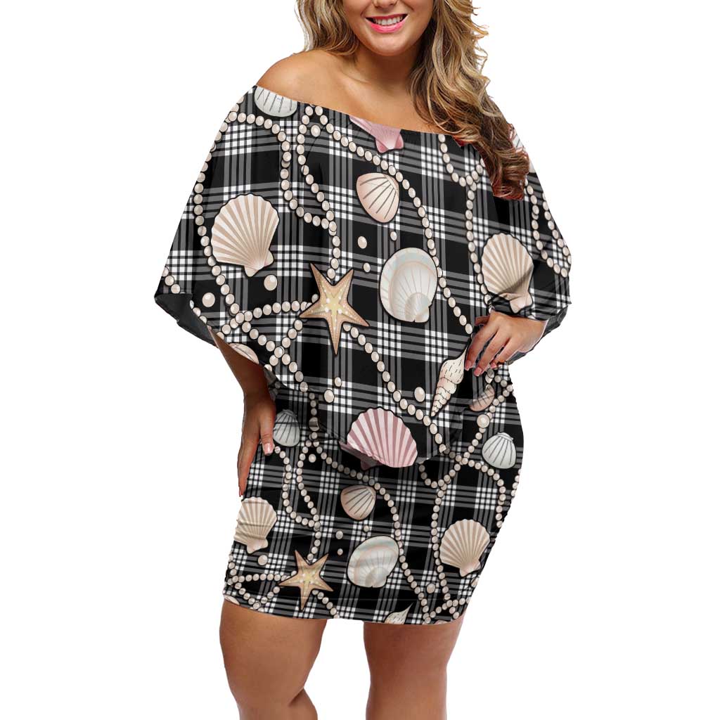 Hawaiian Ocean Seashells Family Matching Off Shoulder Short Dress and Hawaiian Shirt Black Palaka Pattern