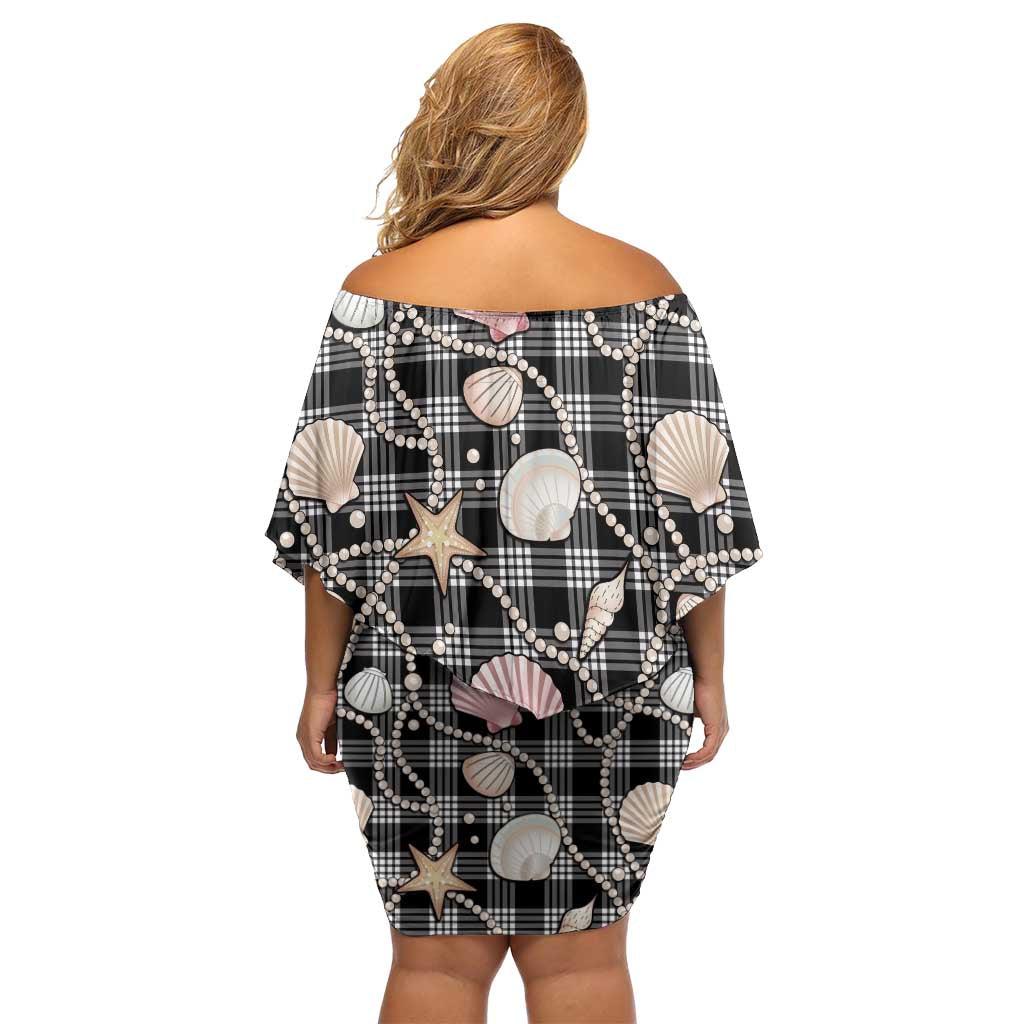 Hawaiian Ocean Seashells Family Matching Off Shoulder Short Dress and Hawaiian Shirt Black Palaka Pattern