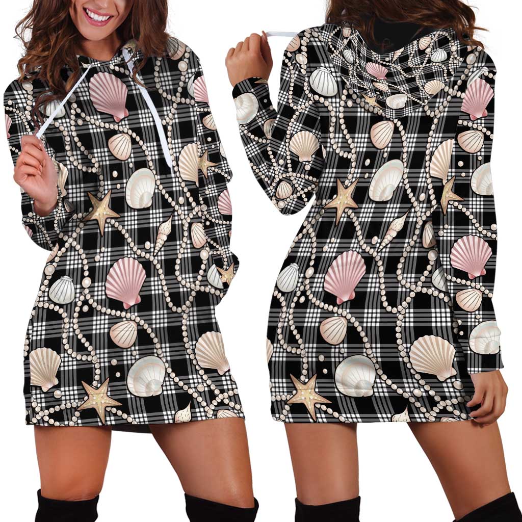 Hawaiian Ocean Seashells Hoodie Dress Black Palaka Pattern