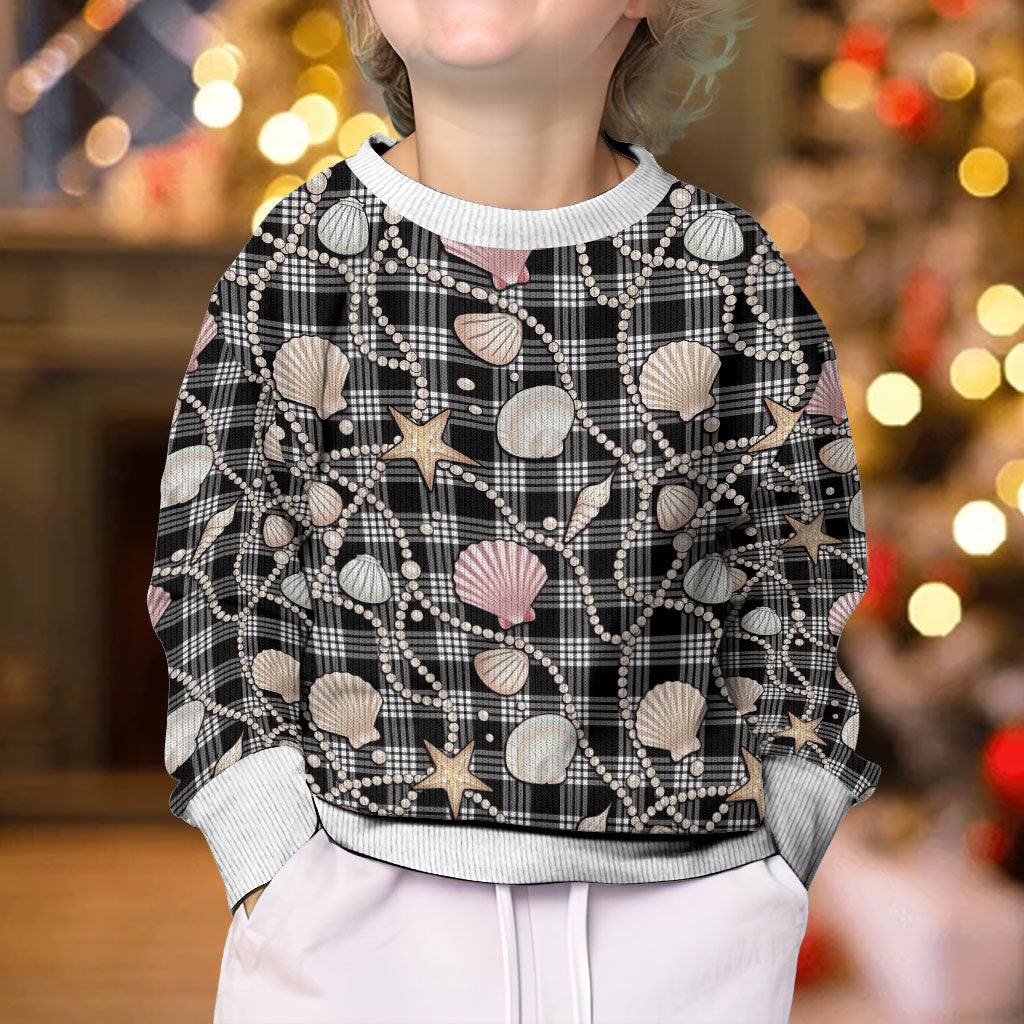 Hawaiian Ocean Seashells Kid Ugly Christmas Sweater Black Palaka Pattern LT01 - Polynesian Pride