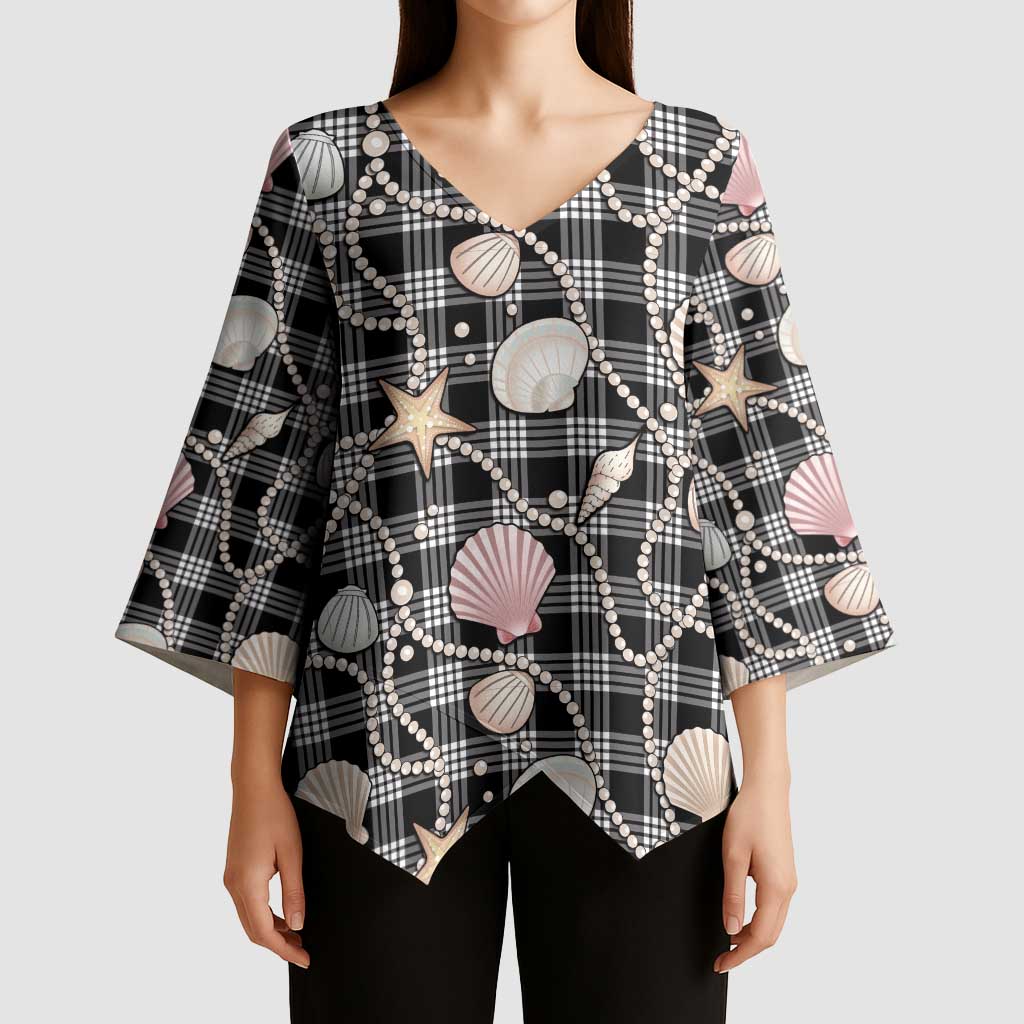 Hawaiian Ocean Seashells Kimono Sleeve Blouse Black Palaka Pattern