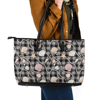 Hawaiian Ocean Seashells Leather Tote Bag Black Palaka Pattern