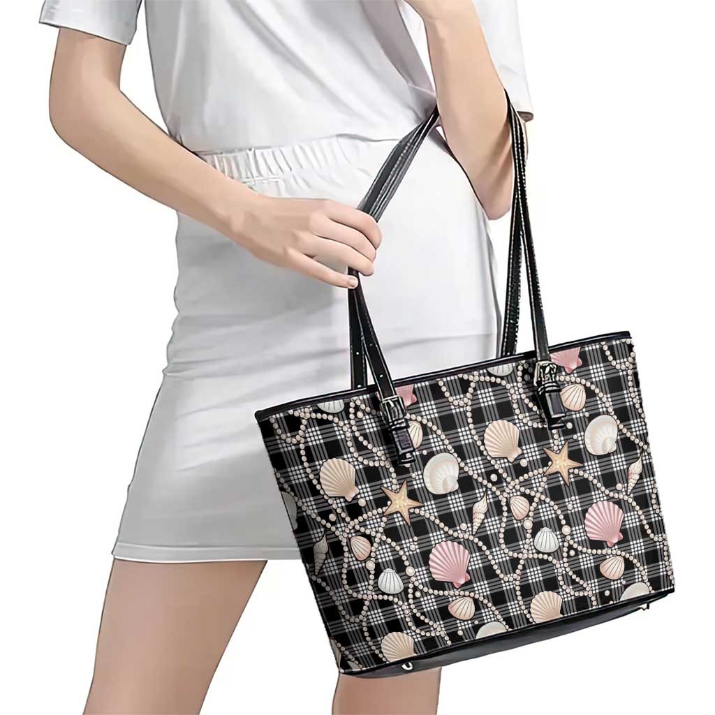 Hawaiian Ocean Seashells Leather Tote Bag Black Palaka Pattern
