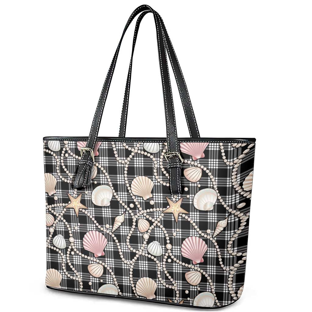 Hawaiian Ocean Seashells Leather Tote Bag Black Palaka Pattern