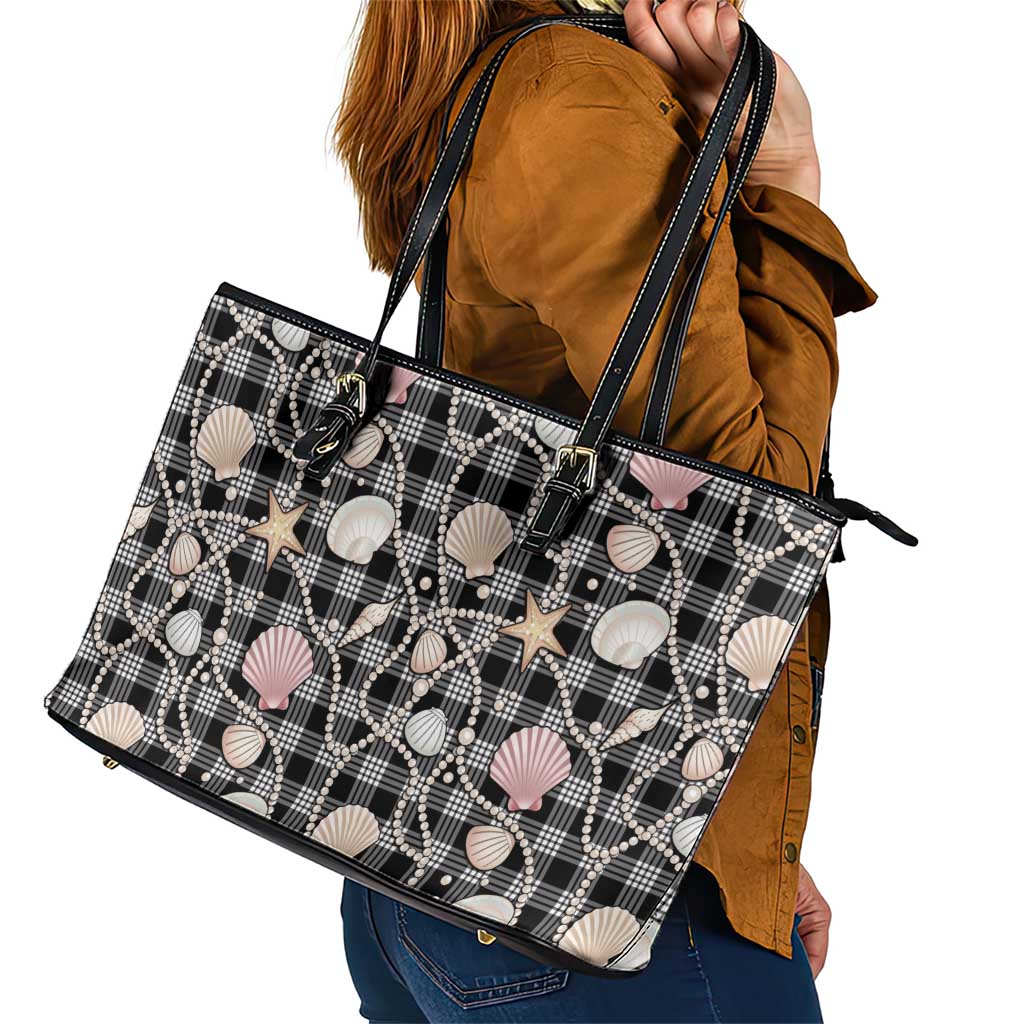 Hawaiian Ocean Seashells Leather Tote Bag Black Palaka Pattern