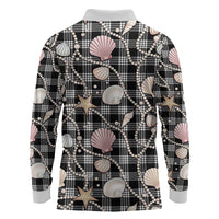 Hawaiian Ocean Seashells Long Sleeve Polo Shirt Black Palaka Pattern