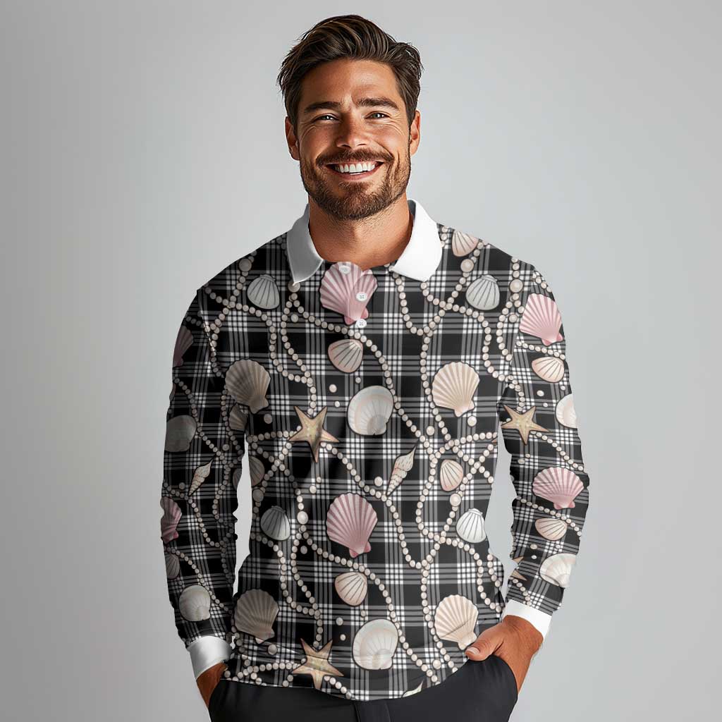 Hawaiian Ocean Seashells Long Sleeve Polo Shirt Black Palaka Pattern