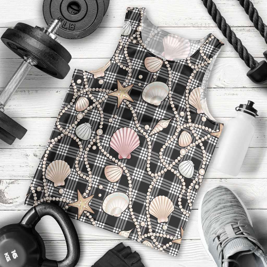 Hawaiian Ocean Seashells Men Tank Top Black Palaka Pattern